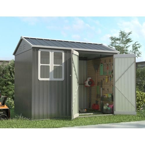 Image of BIRCHTREE Garden Shed Steel Apex Roof House Outdoor Backyard Storage With Lockable Double Doors Window Free Foundation Tool Equipment Organizer Air Vents 8x6FT Grey