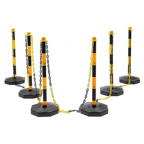 Image of Post and Chain Link Barriers Kits, 6 PCS Free Standing Chain Link Posts Yellow & Black Plastic Free Standing Safety Bollar Warning Column Set for Parking Lot, Construction Lot
