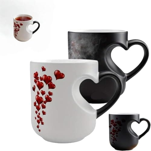 Image of Lerkely Heart-Shaped Color Changing Magic Ceramic Mug, Heat Sensitive Magic Color Changing Coffee Mug with Red Heart Design, Valentine Themed Tea Cup for Water, Drinks, Home, Kitchen
