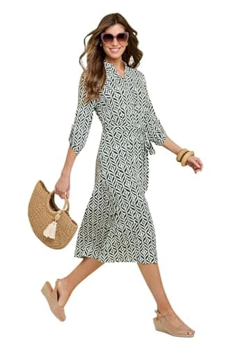 Image of Amber Ladies Aztec Print Belted Jersey Dress, ¾ Sleeve Shirt‑Style Midi with Button Placket, Tab Sleeves, Pockets & Detachable Belt, 44" Length Khaki 16