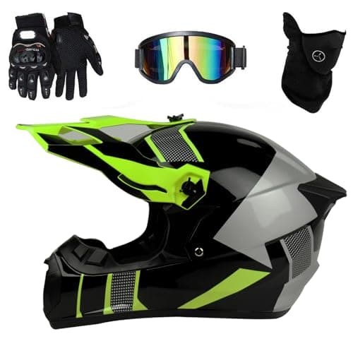Image of Youth Kids Motocross Helmet Full Face ATV/Dirt Bike Motorcycle with Fashionable Tail Wing Design, Goggles + Gloves + Mask, MTB BMX Off-Road Crash for Boys Girls(Bright yellow,XL(58~59cm))