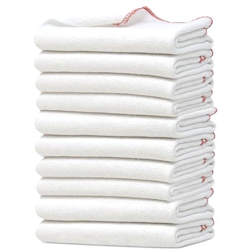 Image of Towelogy Premium Extra Large Dish Cloths Pack of 10 - Cotton 38 x 45cm Odour Free & Super Absorbent Kitchen Dish Towels (White/Red Edges, 10)