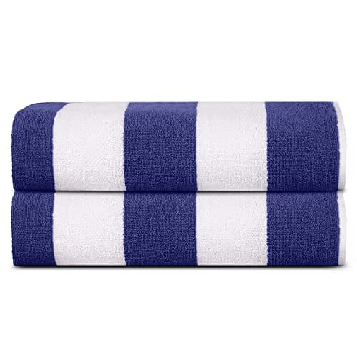 Image of SweetNeedle Beach Towels for Adults Pack of 2 - Royal Blue-White Cabana Striped Classic - 100% Cotton Terry Ringspun Pool Towel, Quick Dry, Super Absorbent Swimming large towel, 100x150 cm
