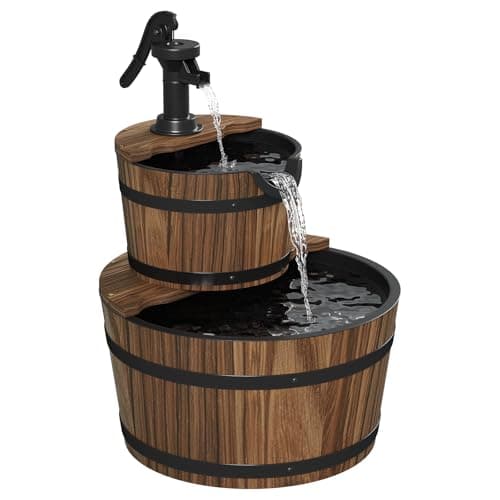 Image of Aoxun 2 Tier Garden Water Fountain Cascading Barrel, Garden Fountains Outdoor Barrel Style Outdoor Water Feature with Built-In Pump, Weatherproof Finish, 44 x 44 × 58 cm