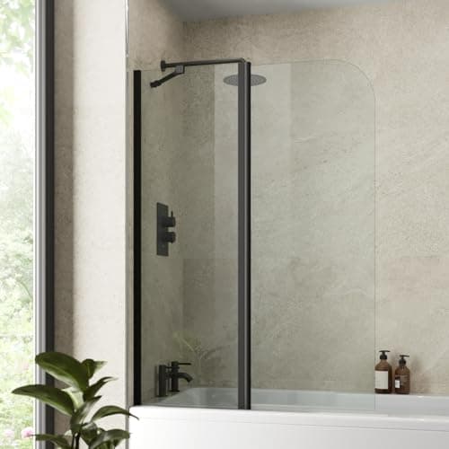 Image of Luxura® 1000 x 1400mm Black 2 Section Folding Over Bath Shower Screen Door 6mm Clear Toughened Safety Glass Panel 180° Pivot Bathroom Hinged Framed Bath Screens