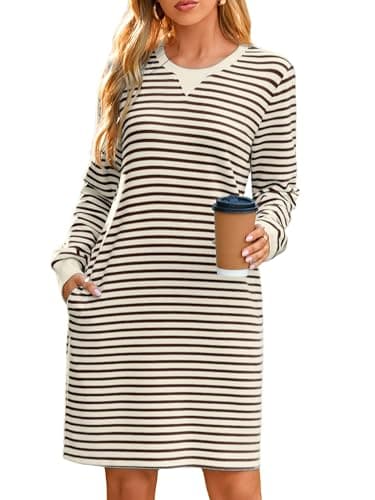 Image of Glamaker Women Tshirt Shift Dress Casual Striped Long Sleeve Crew Neck Knee Length Comfy Midi Dress with Pockets, Brown Stripe, L