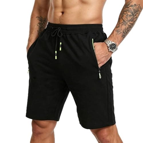 Image of ZOXOZ Mens Shorts Summer Gym Sports Cotton with Zip Pockets Elasticated Waist Black XXL