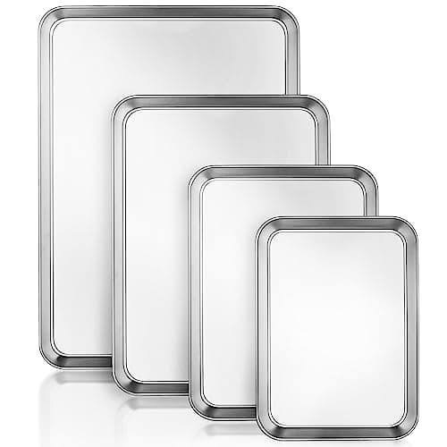 Image of Baking Tray Set of 4, Essentials Stainless Steel Oven Tray Sets, Easy Cleaning Rectangle Sheet Oven Tray for Baking Cooking, Non Toxic, Rust Free, Dishwasher Safe (Large Size)