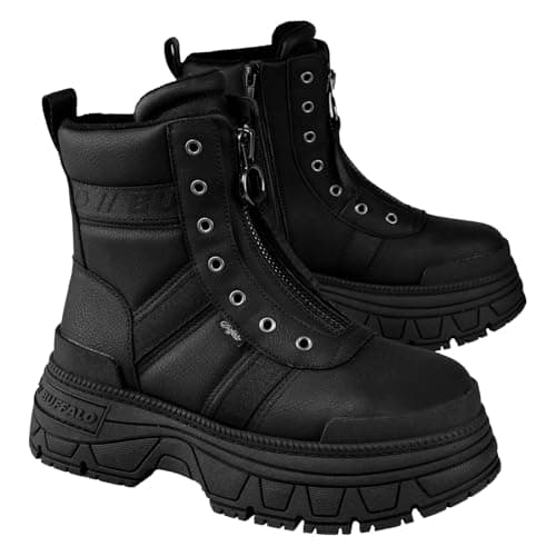 Image of Buffalo FUSION FRONT ZIP Women’s Platform Combat Boots Black Vegan Nappa Front-Zip Booties - Black 7