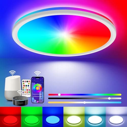 Image of Peasur Smart RGB LED Ceiling Light Dimmable, 24W 3000K-6500K Bathroom Light 16 Million Colors Changing with Remote and APP Control, 30CM Ceiling Lamps for Bedroom, Living Room, Kitchen