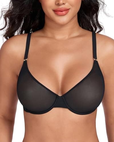 Image of DotVol Breathable Sheer Mesh Plunge Demi Underwire Bras for Women Unpadded See Through Everyday Bra(Black,38B)