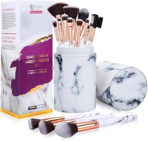 Image of Makeup Brushes DUAIU Makeup Brush Set Professional 15-Piece Marble Make Up Brushes for Foundation Brush Powder Concealers and Eyeshadow Brush with Exquisite Marble Bucket Gift Box white