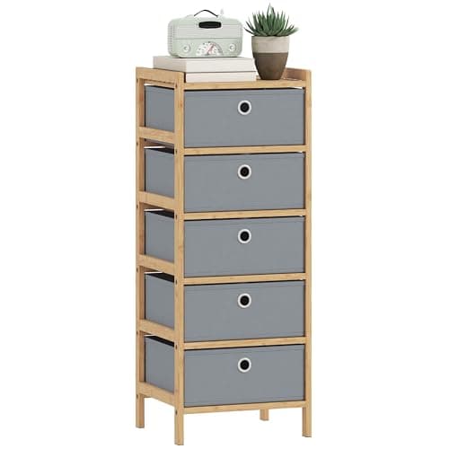 Image of HOMCOM Chest of Drawers, 5 Fabric Drawers Dresser with Bamboo Frame, Narrow Storage Unit for Small Spaces, Bedroom, Living Room, Hallway, Light Grey