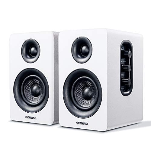 Image of Sanyun SW208 3" Active Bluetooth 5.0 Bookshelf Speakers – 60W Carbon Fiber Unit - Built-in 24bit DAC - Dynamic 3D Surround Sound – 2.0 Computer PC Monitor Gaming Speakers (Pair, White)