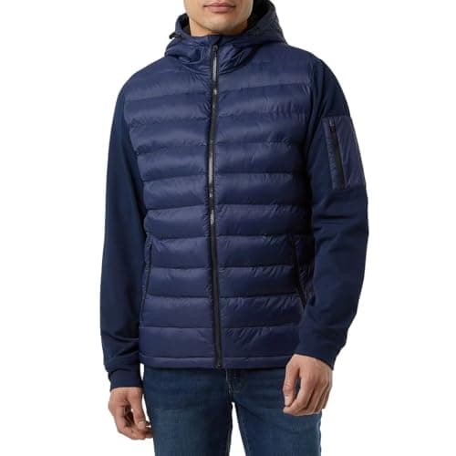 Image of 32 Degrees Men's Mixed Media Jacket Lightweight Insulated Coat with Fleece-Lined Hood, Stretch Sleeves, Zippered Pockets, Adjustable Fit Warm Outdoor Layer (UK, Alpha, M, Regular, Regular, Navy)