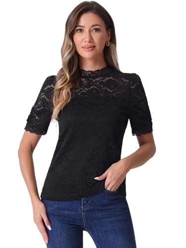 Image of Allegra K Lace Tops for Women Mock Neck Puff Short Sleeve Elegant Floral Blouses Dressy Casual Shirts Black M