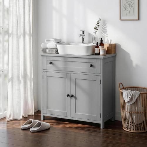 Image of Bonnlo Grey Under Sink Bathroom Cabinet - 60cm Bathroom Sink Cabinet with Drawer & 2 Doors, Under Sink Storage Unit for Bathroom