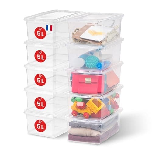 Image of Iris Ohyama, Storage Boxes with Lids, Plastic Storage Box with Lid, Stackable, 5L/10Pack, BPA Free, Clear, W32.7 x D19.1 x H11.4cm, CNL-5