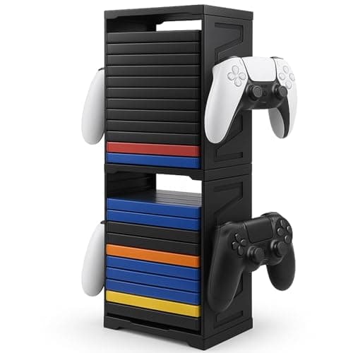 Image of WinHUb Game Storage Tower Stand for PS5, PS4, Xbox Series X/S, Xbox One, Switch & Blu-Ray Discs – 24 Disc Organizer Rack with Controller & Headset Hooks, Vertical Double-Tier Space-Saving