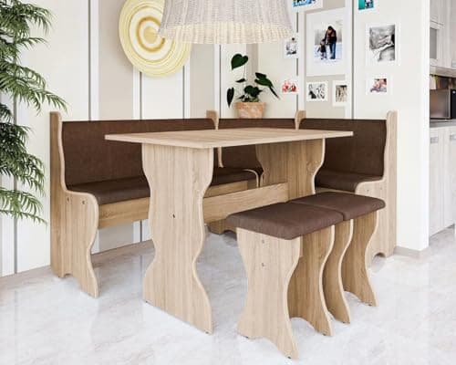 Image of FURNIPOL THOMAS Kitchen Corner Set – with Storage, Universal Side (Left Right) L‑Shaped Breakfast Bench + Table & 2 Stools, Self‑Assembly - Oak Sonoma/Brown