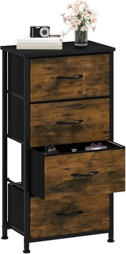 Image of DWVO Chest of Drawers, 4 Fabric Drawers Bedroom Cabinet,Dresser for Bedroom,Living Room With Handles,Wood Top and Sturdy Steel Frame,Rustic Brown