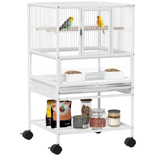 Image of Pawhut Bird Cage, Metal Parrot Cage with Rolling Stand Wheels, Acrylic Viewing Panels, Storage Shelf, Slide-out Tray, Perches, Feeders, for Budgie, Parakeet, Canary, Finch, White, 48 x 46 x 83 cm