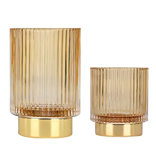 Image of DASITON Makeup Brush Holder Organiser, Crystal Cosmetic Make Up Brush Holder, Glass Makeup Brushes Storage Organiser, Vintage Make Up Cup Pen Pencil Holder Striped Vase (Coffee S+L)
