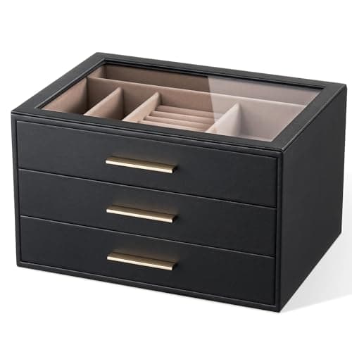 Image of pickpiff Jewellery Box Organizer Case for Women: 3-Layer Jewelry Storage Case with Glass Window, Black Leather with Blush Velvet, Holder for Ring Necklace Bracelet Brooch Watch, Great Gift for Her