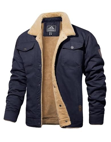 Image of MAGCOMSEN Men's Bomber Jacket Fleece Military Tactical Cargo Trucker Coats with Sherpa Lining Windproof Winter Work Jackets,Navy,M