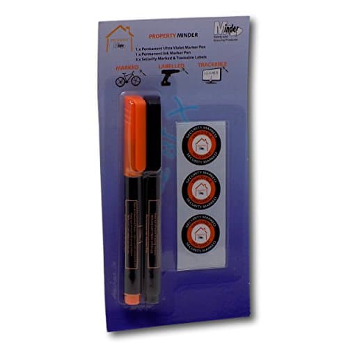 Image of Minder Property Marking Pens - Including 1 x Invisible UV Ink Covert Marker Pen, 1 x Permanent Overt Marker Pen and Warning Stickers (Without UV Keyring)