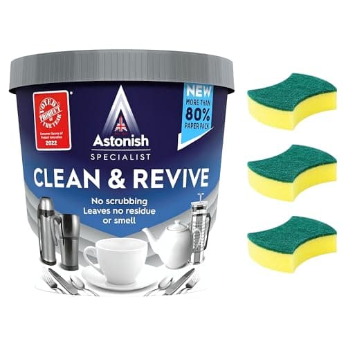 Image of Stain Remover Bundle - Includes Astonish Clean and Revive 350g and 3 pcs Amara Scrub Sponges for Washing Up - Powerful Tea Stain Remover for Cups, Teapots, and Kitchenware