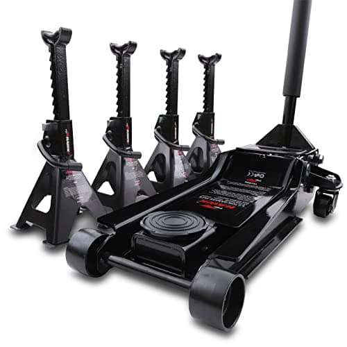 Image of Hawk 3.0 Tonne Hydraulic Trolley Car Jack 4x Lockable Ratchet Axle Stand Kit | Stand: Height 282-424 mm | Jack: Height 80-520 mm, Item Weight 44 kg, Lift Limit 3,000 kg