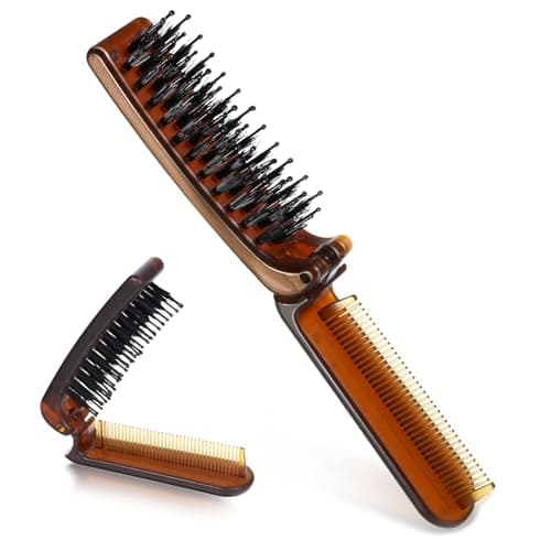Image of Travel Folding Hair Brush, Collapsible Portable Pocket Nylon Bristle Hairbrush with Fine Tooth Comb Mini Wet Hair Brush for Men and Women Kids Thick Thin Curly Straight Hair, Restore Shine