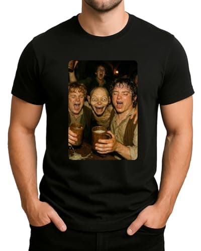 Image of Lord of the Rings Taverns Scene with Gollum Frodo Sam - Drunk Hobbit Friends Celebrating With Beer Men's T-Shirt, black, S
