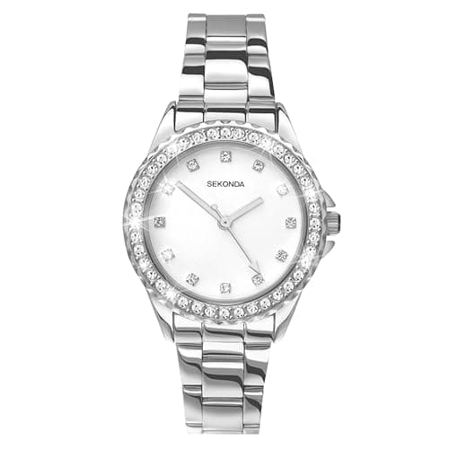 Image of Sekonda Elizabeth Silver Bracelet White Dial Women's Quartz Watch 33mm with Stone Set Case, Analogue Display and Stainless Steel Bracelet