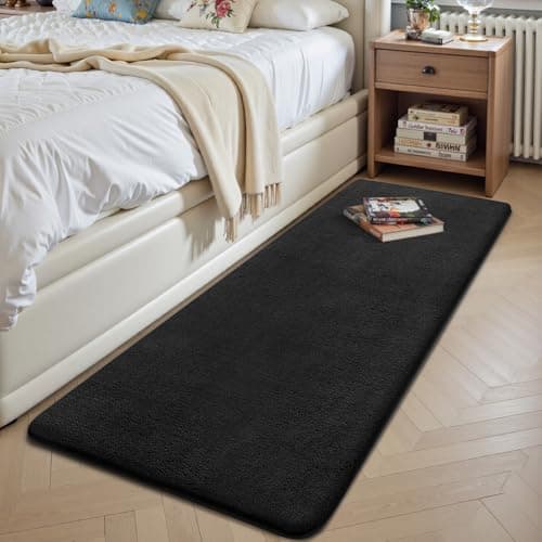 Image of Sour Lemon Rugs Living Room 60x200cm, Black Shaggy Fluffy Bedside Rug, Short Pile Soft Runner Rugs, Anti-Slip Washable Area Rug, Modern Floor Carpets for Kids Room Bedroom Hallway Entryway