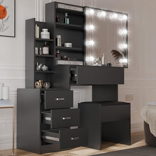 Image of Blisswood Dressing Table with Mirror and Stool, 4 Drawer 3 open Storage Shelves and 3 Hidden Shelves with LED Bulbs, Modern Makeup Table for Bedroom & Living Room (Black)