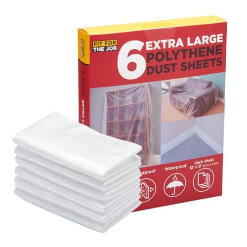 Image of Fit For The Job 6 pack 12ft x 9ft (3.6m x 2.7m) Total 650 sqft Polythene Dust Sheets for Decorating Polythene Drop Cloth Dustproof & Waterproof for Protecting Floors & Furniture When Painting