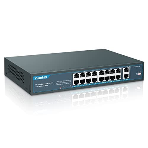 Image of YuanLey 18 Port PoE Switch, 16 PoE+ Port 100Mbps, 2 Uplink Gigabit, 250W Built-in Power, 802.3af/at, Rackmount Unmanaged Plug and Play