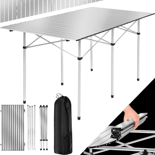 Image of tectake® Folding Camping Table - Lightweight Aluminium, Weather-Resistant & Includes Carry-Bag - Portable for Indoor & Outdoor Use - Picnic, Camping or Hobby Size - Quick Set-Up, Plastic Feet - Large