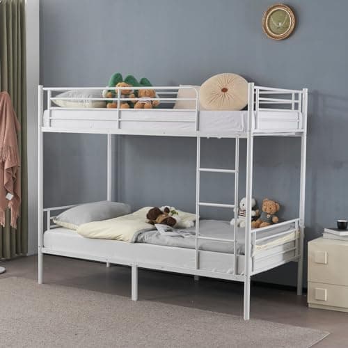 Image of Karl home Twin Over Twin Bunk Bed,Bunk Beds for adults, Kids Bunk Bed, Single Bunk Bed with Ladder and Guard Rails, Heavy Duty Metal BunkBeds for Teens, Adults - No Box Spring Needed, White