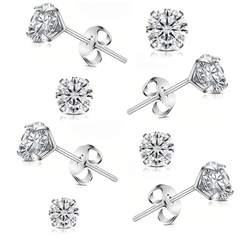 Image of 4 Pairs 925 Sterling Silver Stud Earrings for Women – Hypoallergenic Cubic Zirconia Cartilage Earrings – Small Sleeper Studs for Sensitive Ears Jewellery Set 3 4 5 6 mm (Silver)