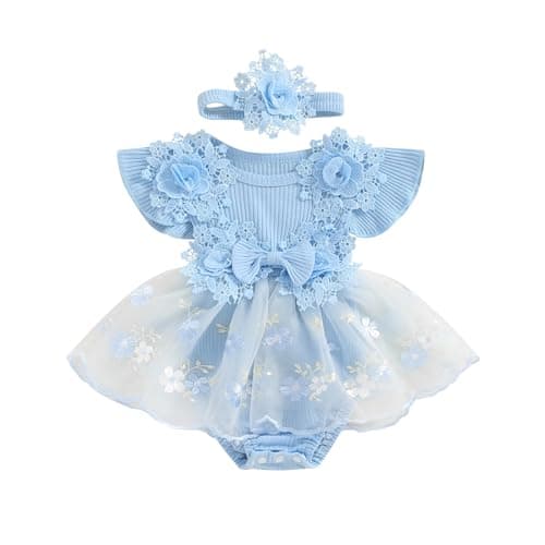 Image of Himllauen Newborn Baby Girl Dress Outfits Fly Sleeve Floral Embroidered Romper Tulle Dress with Headband Infant Summer Adorable Set for Birthday Baptism (Blue, 3-6 Months)