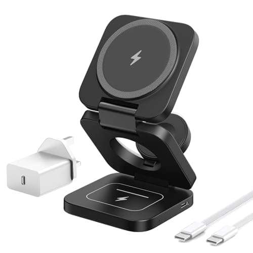 Image of KU XIU 3 in 1 Wireless Charging Station for iPhone, Foldable Fast Magnetic Charger, Travel Wireless Charger Stand for iPhone 17/16/15/14/13/12, for AirPods, for Apple Watch (Adapter Included)