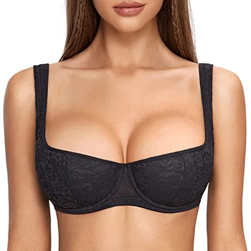 Image of DOBREVA Women's Push Up Bra Sexy Balconette Bra Padded Half Cup Lace Underwired Black (Cup Size is Small. Order 1 Cup Size up.) 34DD