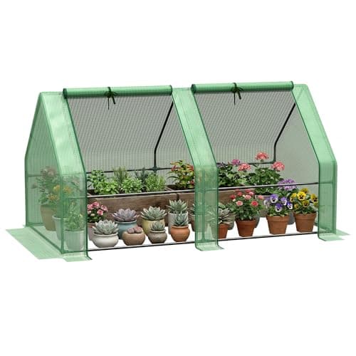 Image of Outsunny Mini Small Greenhouse with Steel Frame & PE Cover & Zippered Window Poly tunnel Steeple for Plants Vegetables, 180 x 90 x 90 cm, Green