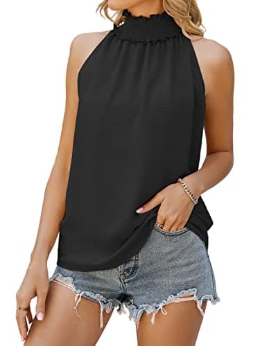 Image of Famulily Smocked Ruffle Neck Sleeveless Top for Women Stylish Causal Tank Top Black XXL