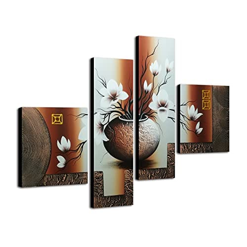 Image of Wieco Art - Elegant Flowers Modern Stretched and Framed Artwork 4 Piece 100% Hand Painted Floral Oil Paintings on Canvas Wall Art Ready to Hang for Living Room Bedroom Home Decorations