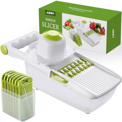 Image of ADOV Mandoline Slicer, All in 1 Fruit and Vegetable Chopper, Multifunctional Veg Cutter, Interchangeable Stainless Steel with Food Container, Hand Protector, Julienne Slice for Potato, Onion, Cheese