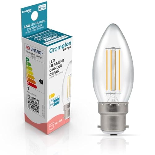 Image of Crompton Lamps Filament Candle LED Light Bulb BC-B22d | 6.5W = 60W Equivalent | Cool White 4000K | Energy Efficient | Bayonet Lightbulb | Long Life 15,000-Hrs | Clear Glass | Dimmable